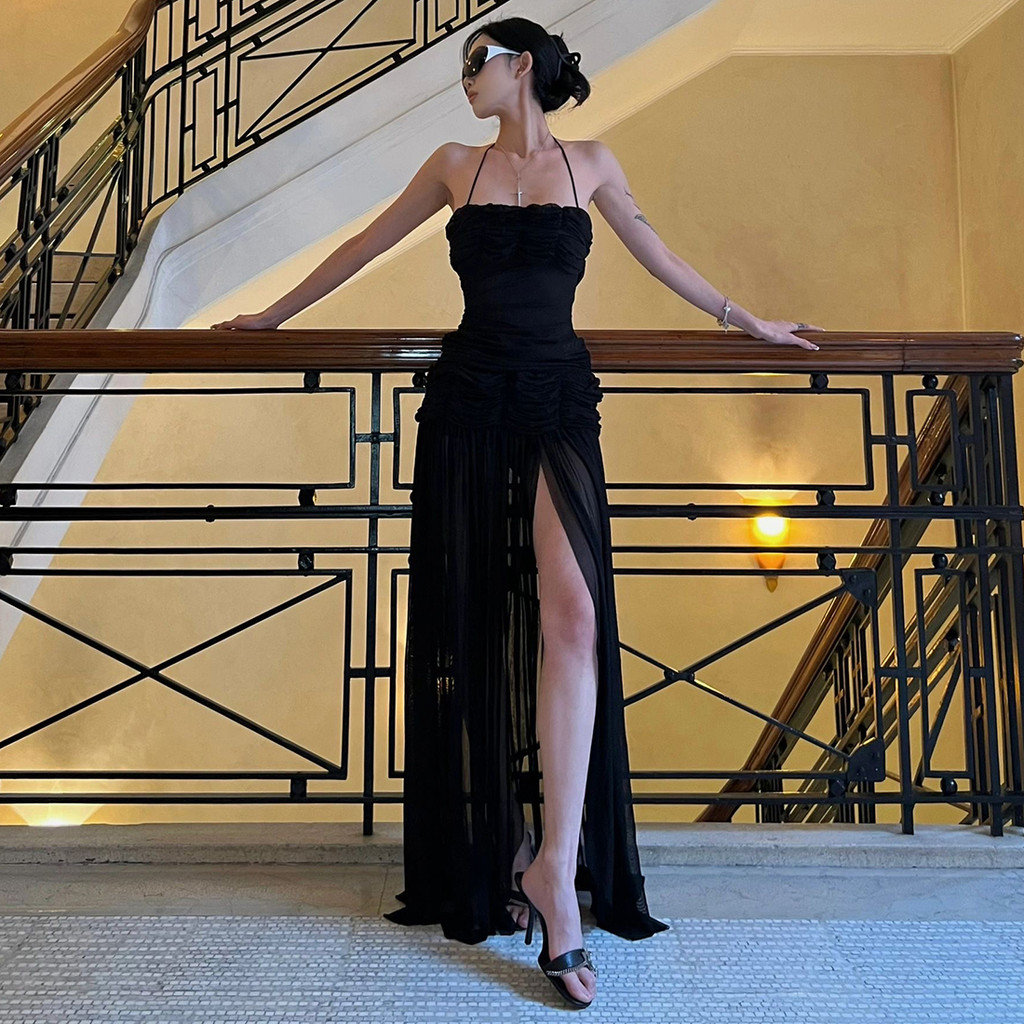 Cutenew Chắc Chắn Ruched Maxi Váy Dây Gợi Cảm Lưng Skinny Cá Tính Nóng Gà Con Nhìn Mỏng Hơn Thời Trang Tính Khí Phong Cách Nóng Mới
