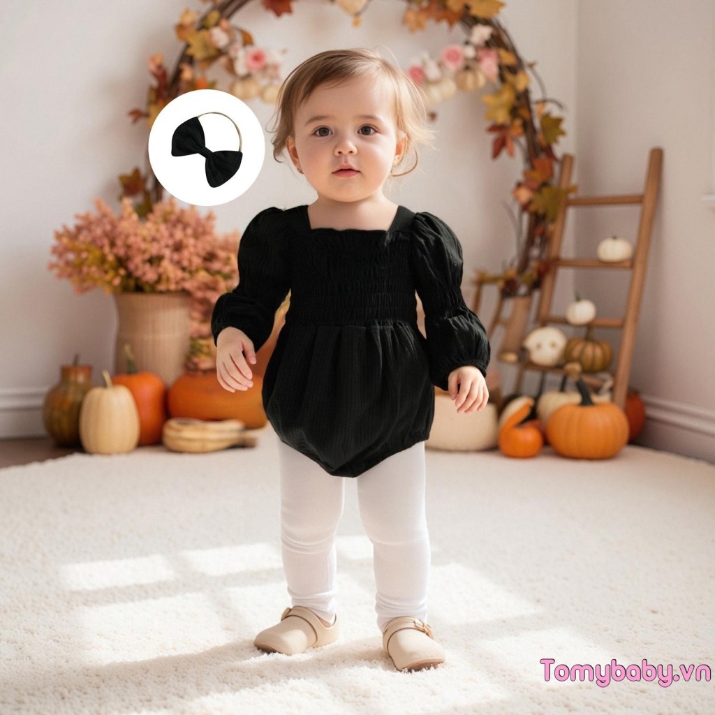 Bộ áo liền quần dài tay cổ vuông màu trơn cho bé gái + Băng đô