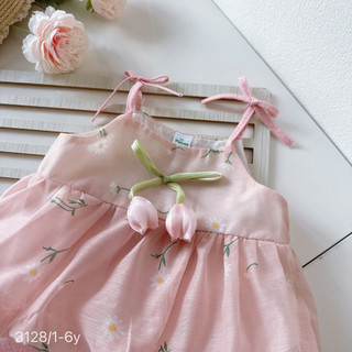 [8-26kg] Set Bộ Hè 2 Dây Đính Hoa Tuylip Chất Tơ Mềm Cho Bé Gái
