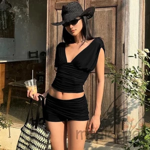 MAPLEPOET-Áo cổ chữ V xếp vững chắc mùa hè dành cho nữ và quần short Mini cao cấp Bộ 2 món cho câu lạc bộ tiệc tùng