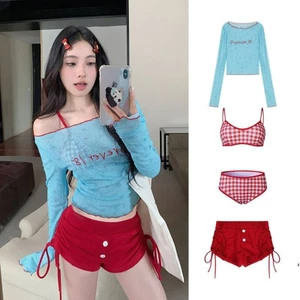 Bộ đồ bơi nữ dài tay bảo thủ suối nước nóng Bikini Bộ đồ bơi bốn mảnh phiên bản Hàn Quốc Dopamine Bộ Bikini đi biển thời trang gợi cảm