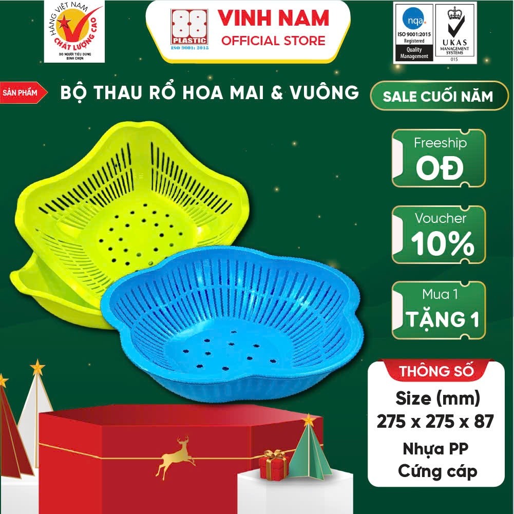 Bộ Thau Rổ Nhựa Cao Cấp Vinh Nam Plastic Hình Vuông Hình Hoa Mai An Toàn Tiện Lợi Nhiều Màu 346-347