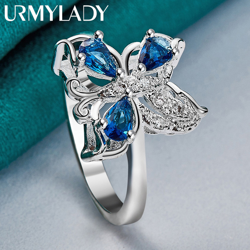 URMYLADY Bạc 925 Bướm Xanh Zircon 7-10 # Nhẫn Nữ Trang Sức Quyến Rũ Thời Trang
