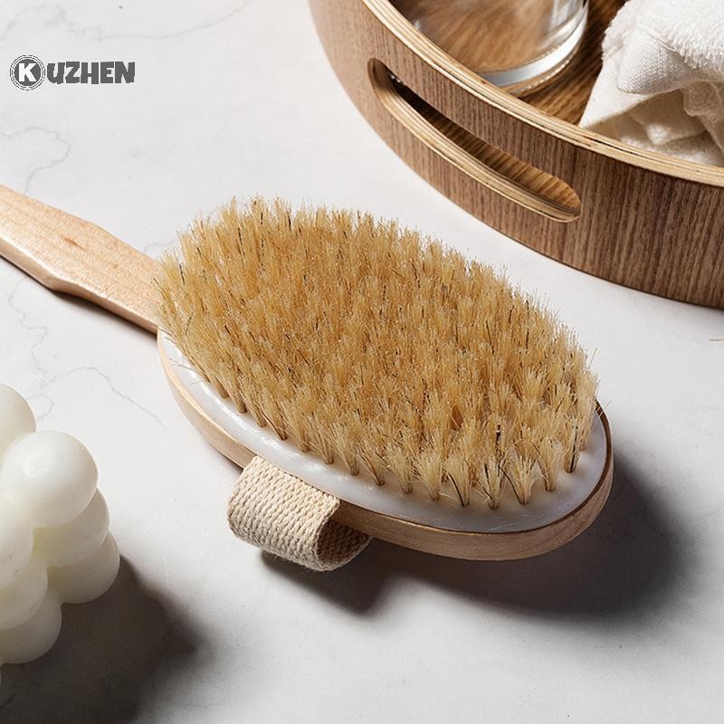 KUZHEN Phòng tắm Bàn chải cơ thể Tay cầm dài Tắm Lông tự nhiên Bàn chải tẩy tế bào chết Máy mát xa có tay cầm bằng gỗ Bàn chải khô Dụng cụ tắm HOT