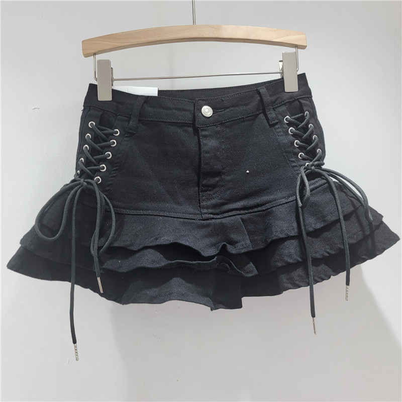 Cao Cấp Xù Xếp Ly Váy Bánh Hot Girl Váy Ngắn Mỹ Retro Denim Váy Nữ
