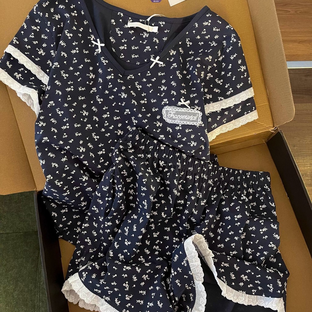 Bộ đồ ngủ ren hoa ngọt ngào Nữ mùa hè có miếng lót áo ngực Quần Short ngắn tay Bộ đồ mặc nhà [BL]