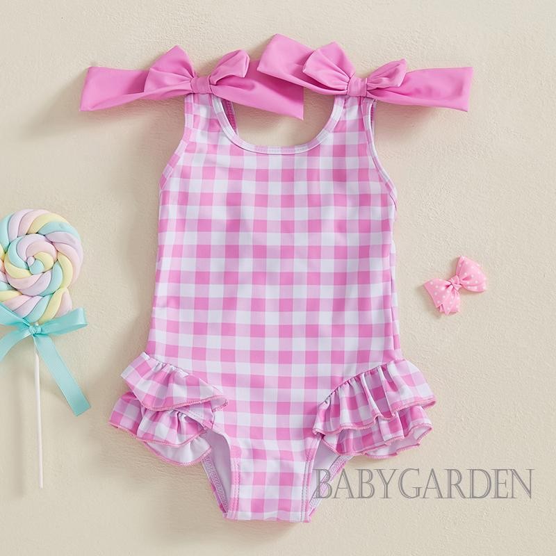 / / -6Month-4years Đồ Bơi Bé Gái Áo Liền Quần Kẻ Sọc Xù Hai Nơ Trang Trí Đồ Đi Biển Không Tay Bộ Đồ Tắm Đi Biển Mùa Hè