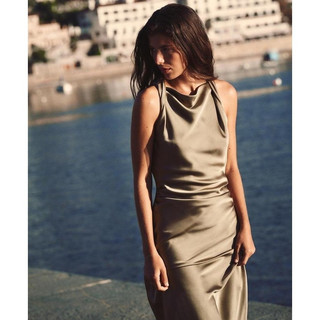 Đầm Zara made in Morocco midi lụa xanh lá mát mềm rủ mùa hè