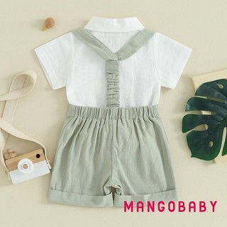 MG-Toddler Boy Gentleman Trang phục áo liền quần ngắn tay màu trơn có dây buộc nơ và quần yếm Bộ quần Short để mặc trang trọng