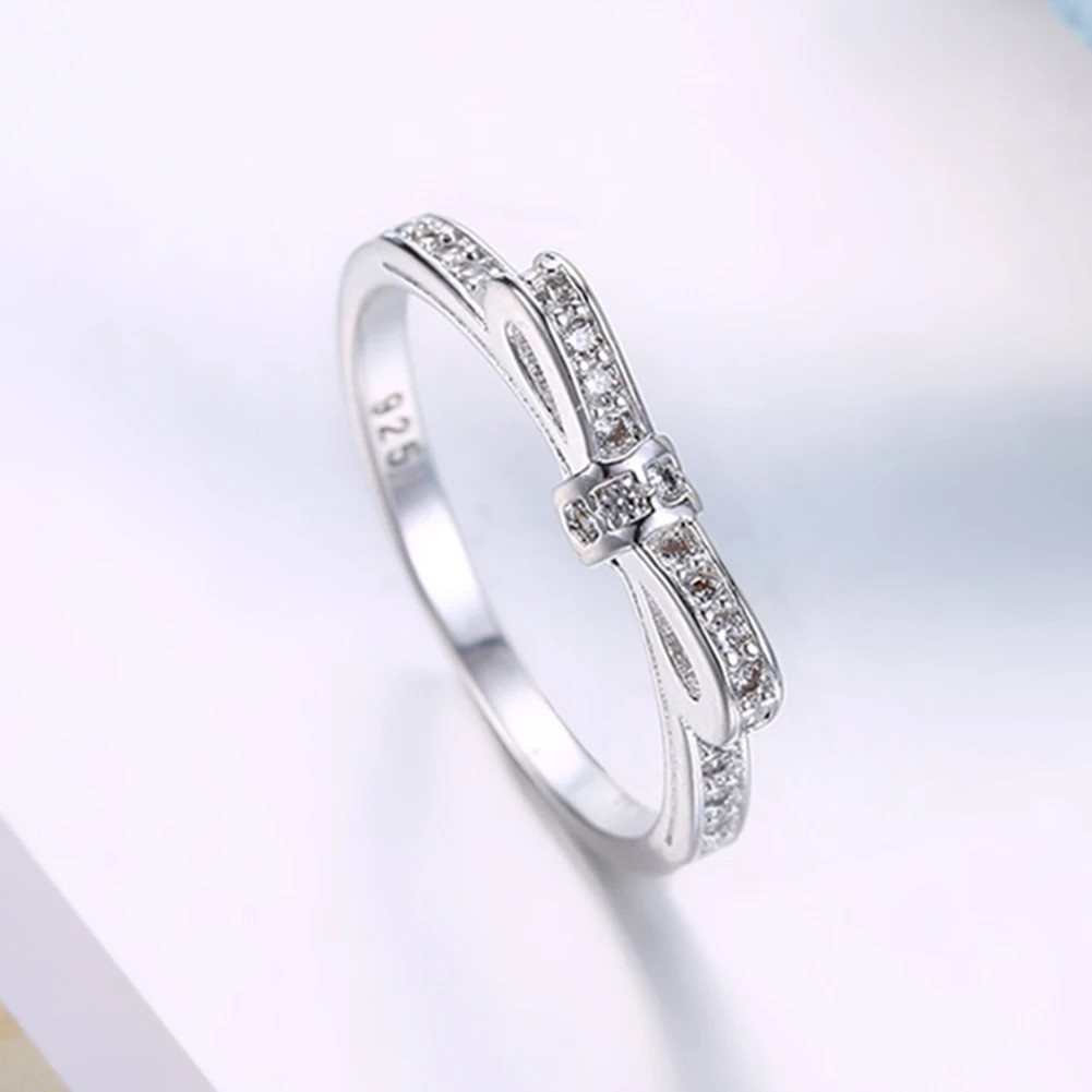 Bạc 925 Đơn Giản Nơ Pha Lê Nhẫn Nữ size 6-10 Sang Trọng Thời Trang Cưới Trang Sức