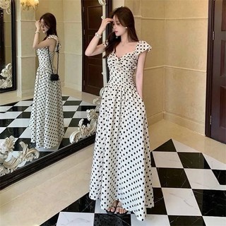 Đầm chấm bi phong cách Pháp dành cho nữ mùa hè, váy dài