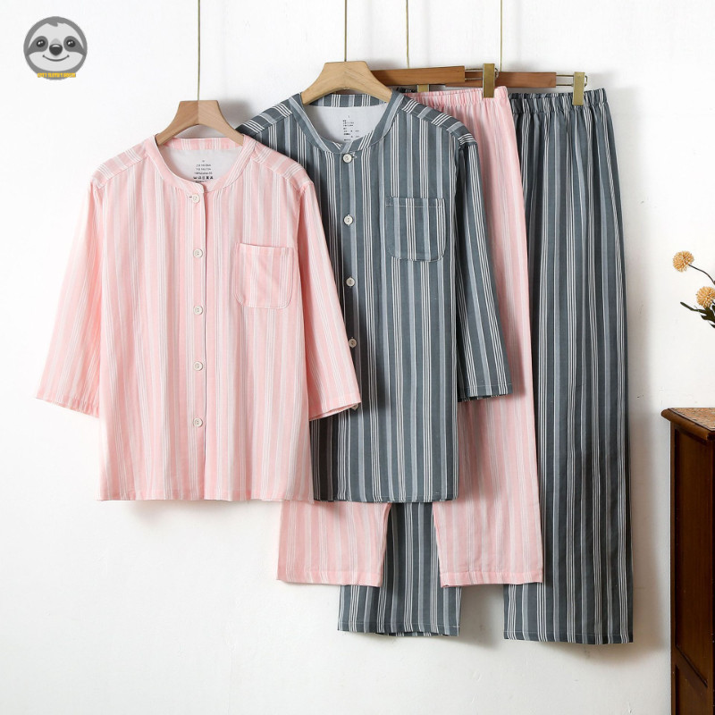 Đồ ngủ cặp đôi cotton hai lớp sọc phong cách Nhật Bản MUJI, mỏng nhẹ có thể mặc bên ngoài