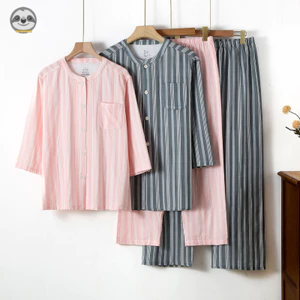 Đồ ngủ cặp đôi cotton hai lớp sọc phong cách Nhật Bản MUJI, mỏng nhẹ có thể mặc bên ngoài