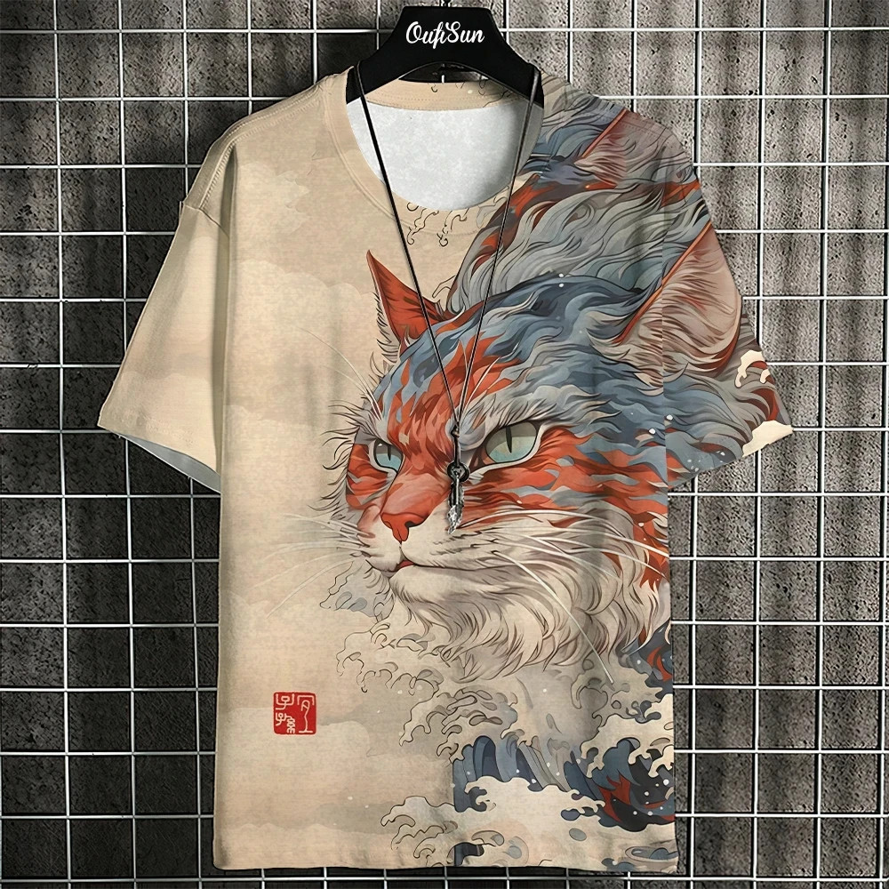 Áo thun unisex phong cách Nhật Bản, in hình mèo samurai 3D, kèm bông tai kẹp