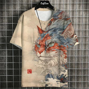 Áo thun unisex phong cách Nhật Bản, in hình mèo samurai 3D, kèm bông tai kẹp