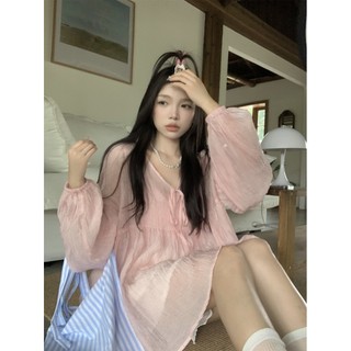 [Áo len chống nắng phong cách Hàn Quốc Sweet Girl Must-Have] Áo sơ mi cỡ lớn nữ béo MM Áo dài tay cực dài 150kg Áo sơ mi chống nắng màu hồng phong cách nhẹ nhàng Áo sơ mi nữ mùa hè Slimmer Áo sơ mi bé tay phồng cỡ lớn Quần áo nữ