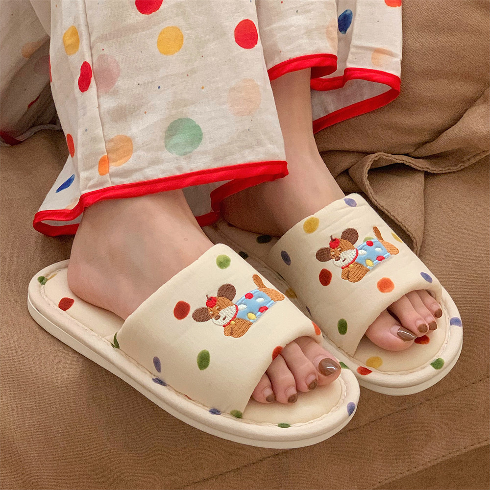 Dễ Thương Chó Con Vải Lanh Dép ins Màu Nhật Bản Chấm Bi Bốn Mùa Đa Năng Dép Đi Trong Nhà Dép Vải Lanh Cotton Tầng Dép Gia Đình Dép Cotton Phẳng Dép Ký Túc Xá Dép