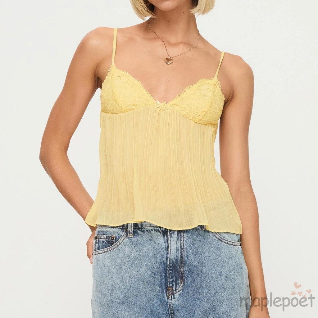 Maplepoet-nữ Xếp Ly Mini Nơ Phía Trước Spaghetti Dây Đeo Cổ Chữ V Ren Tank Tops