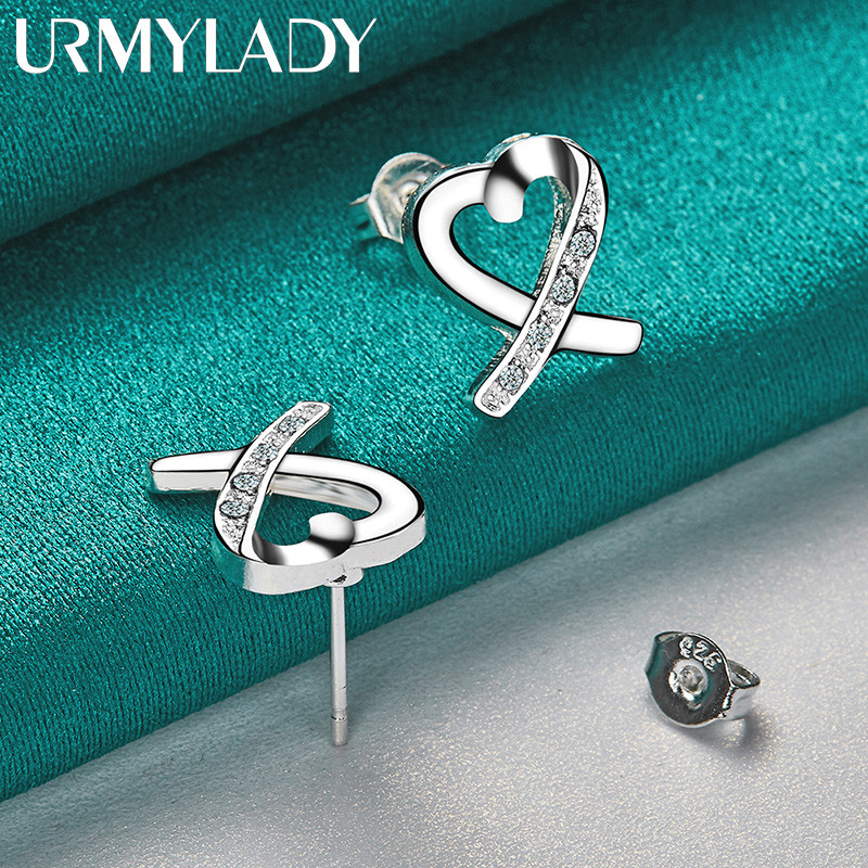 URMYLADY Bạc 925 Trái Tim Tình Yêu Zircon Bông Tai Dành Cho Nữ Tiệc Cưới Trang Sức Thời Trang