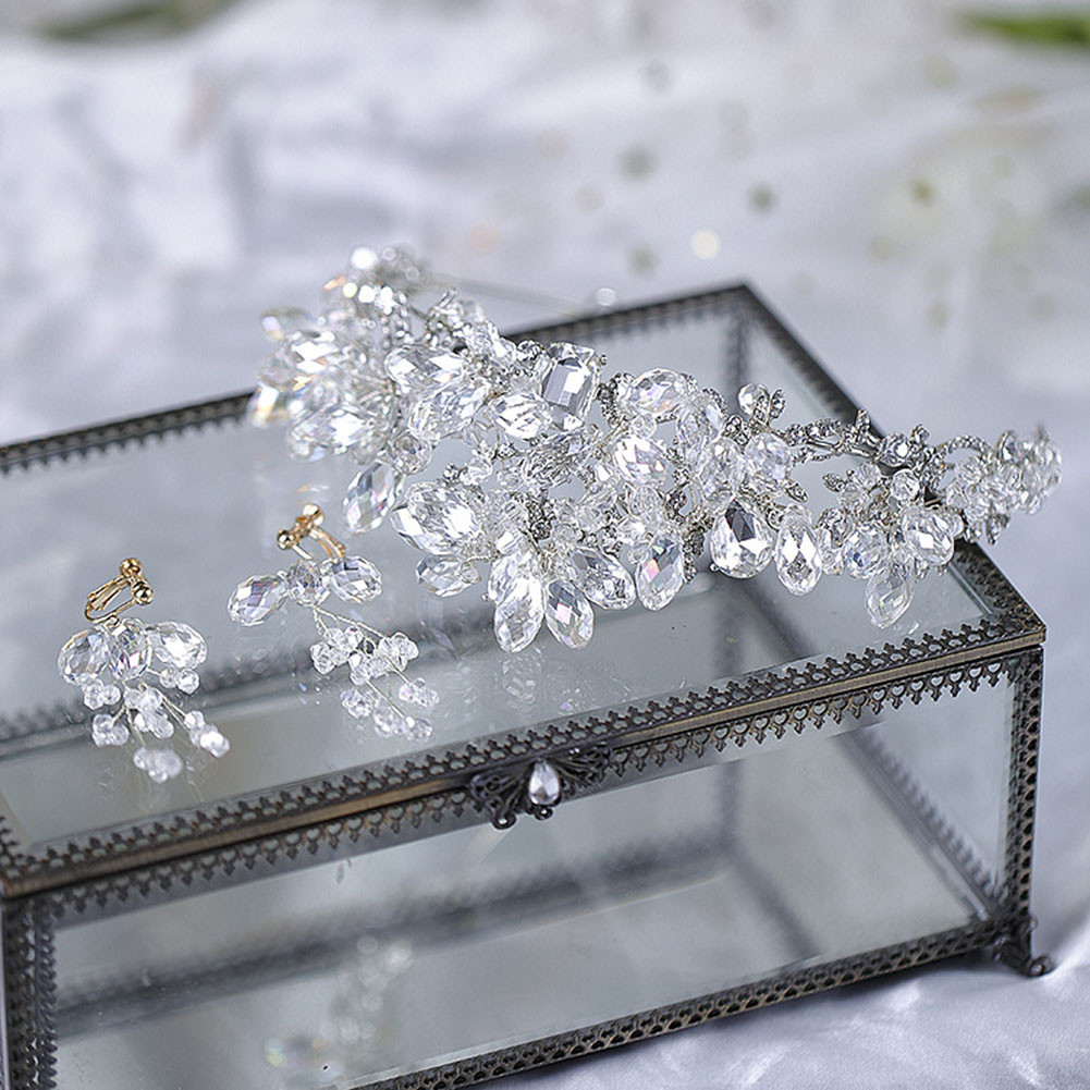 Vương miện thủy tinh pha lê tiara và khuyên tai cho nữ - Mũ đội đầu công chúa sáng bóng