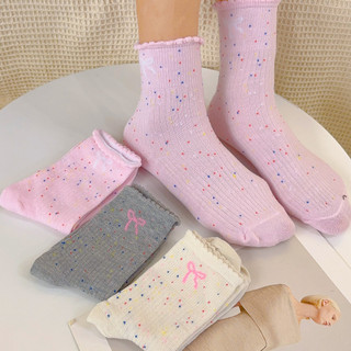 Đôi tất ren JK nữ | Tất cotton bắp chân viền sen, họa tiết chấm biclassic, thoáng khí cho mùa xuân hè