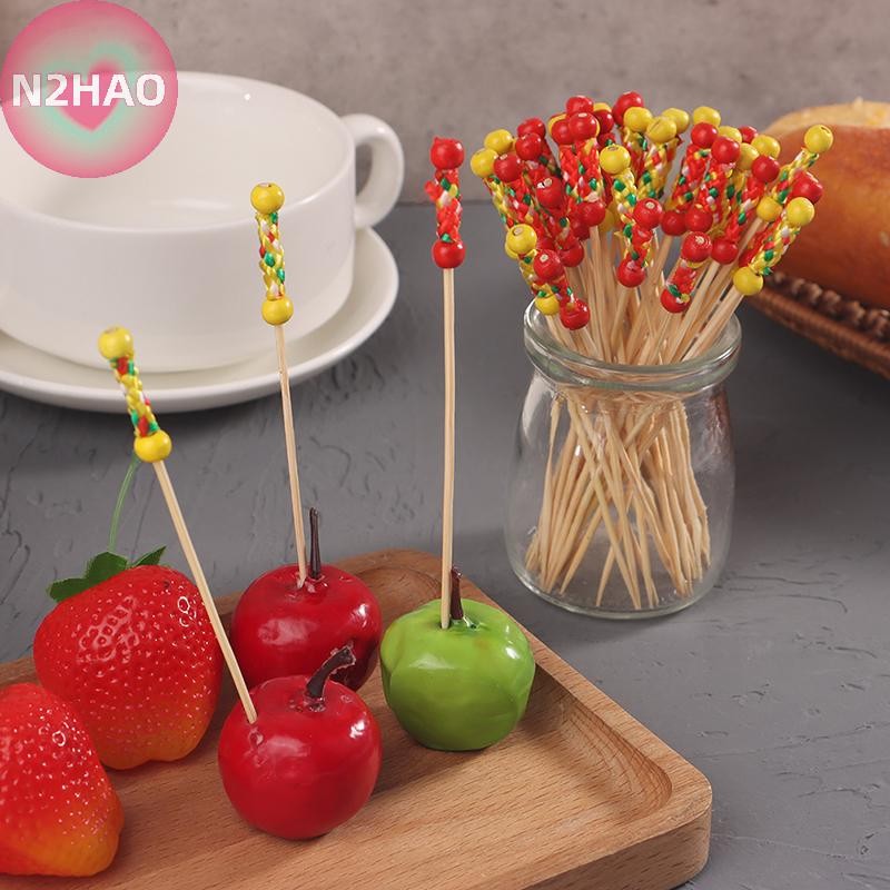 N2HAO 100 Cái / gói Sáng Tạo Nĩa Trái Cây Cocktail Dính Tre Xiên Candied Haws Stick Dùng Cho Buffet Trang Trí Thực Phẩm Đám Cưới n