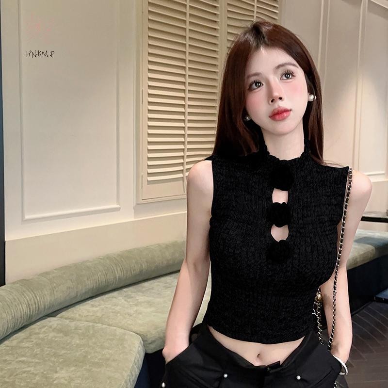 HNKMP ÁoCrop Top Không Tay Dệt Kim 3D Hoa, Thời Trang Gợi Cảm Phong Cách Y2K