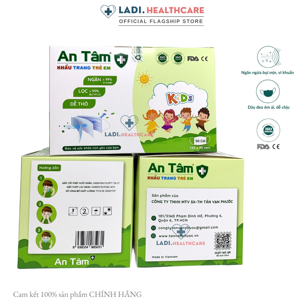 Khẩu trang y tế trẻ em An Tâm [Hộp 50 Cái] kháng khuẩn cho bé 3 đến 10 tuổi nhiều hoạ tiết