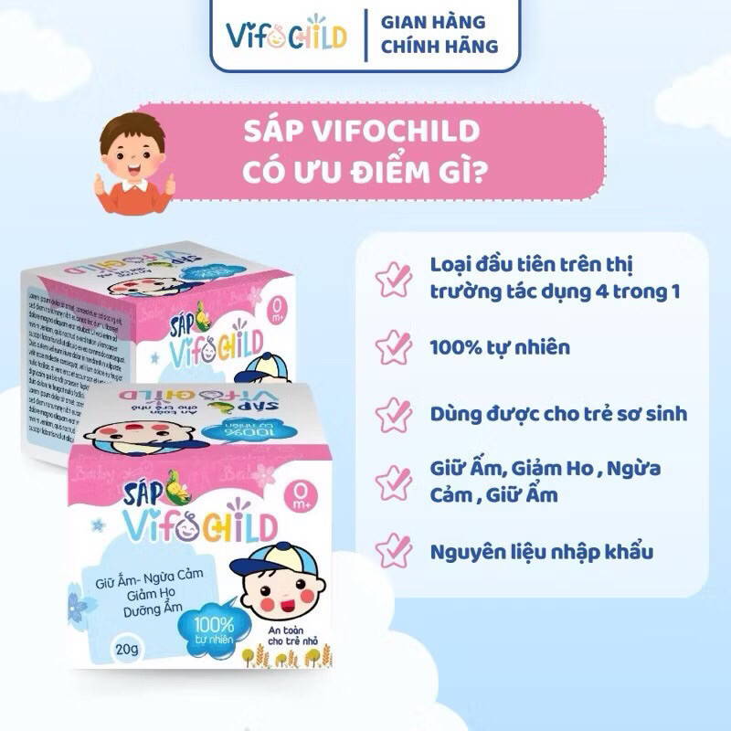 Sáp giữ ấm cho bé VIFOCHILD 20g An toàn cho trẻ từ sơ sinh Giữ ấm Chống nẻ Giảm ho Ngừa cảm hiệu quả Baby 3