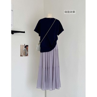 Một Cái / bộ In Hình Hoạt Hình Rời Áo Thun Nữ Tay Ngắn Giảm Tuổi + Váy Dài Xếp Ly Tím Bộ Hai Mảnh Mùa Hè Hàng Ngày Phù Hợp Với La