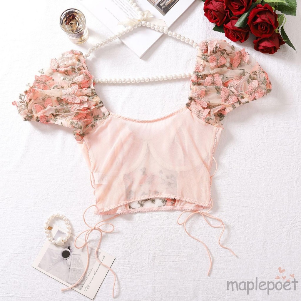 Maplepoet-trang phục đồ lót lưới ngắn tay thêu bướm dành cho nữ