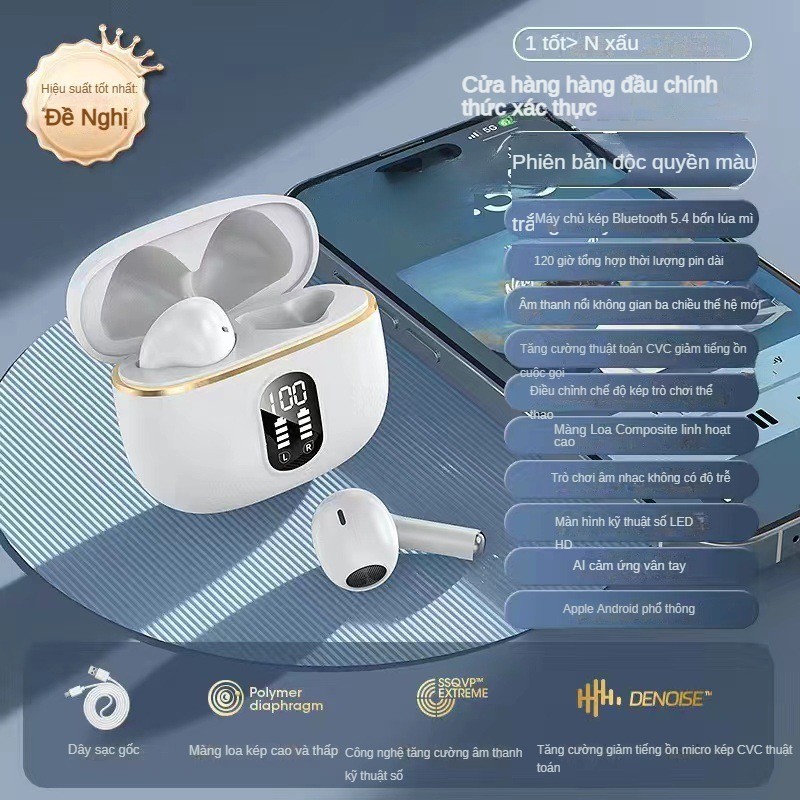 Tai nghe Bluetooth không dây Khử tiếng ồn Loại trong tai Tuổi thọ pin dài Màn hình pin lớn