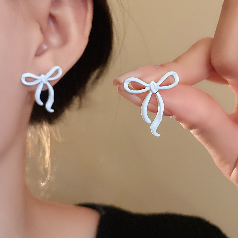 [Jewbeauty] Bông tai nơ phun kim bạc nhẹ sang trọng cao cấp Bông tai đơn giản thời trang ngọt ngào phụ kiện mới