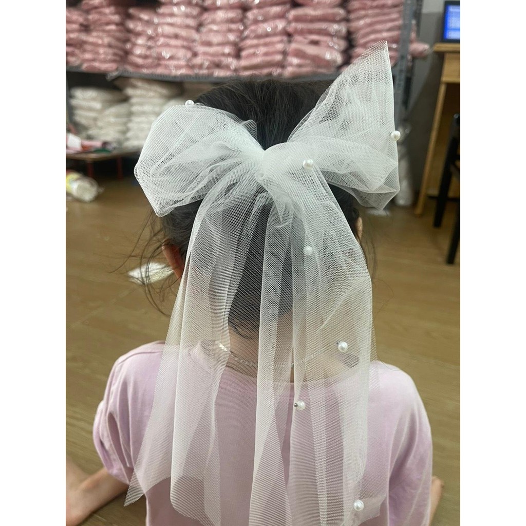 cài nơ cho bé gái , bờm tóc nơ công chúa ( nơ lưới dáng lúp cô dâu ) Phụ Kiện Tóc Cài Tóc