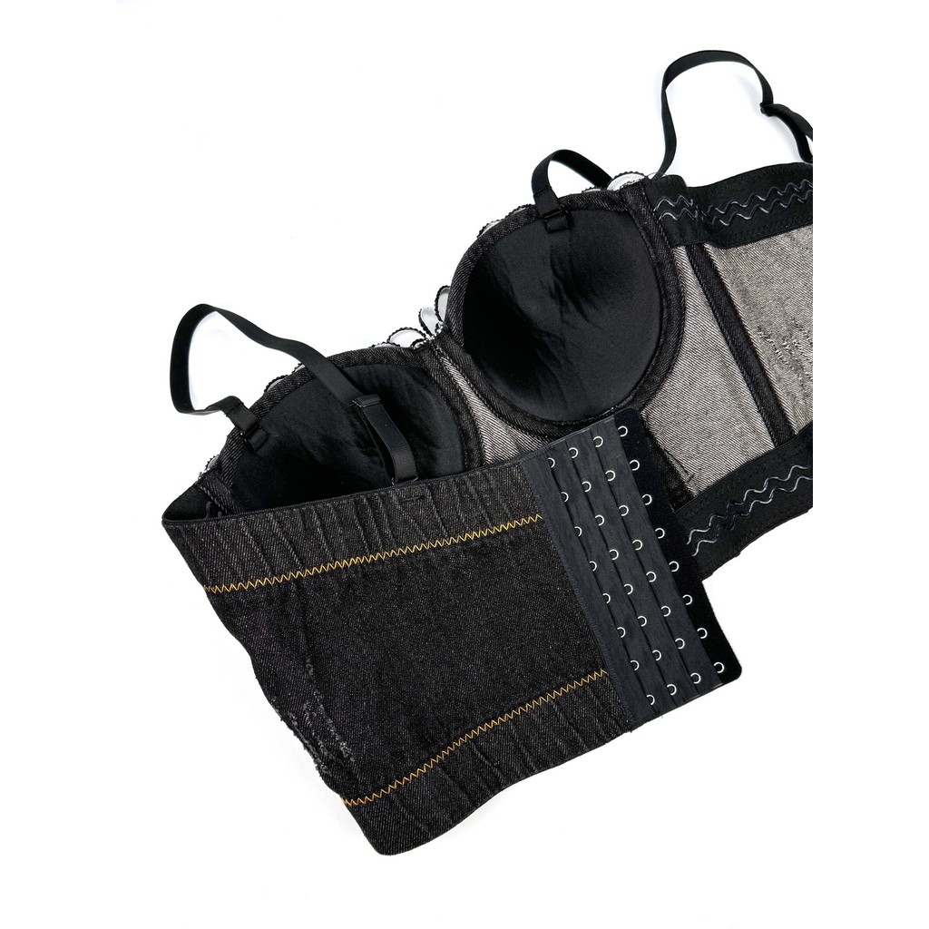 Mùa Hè 2025 Phong Cách Mới Nữ Handmade Đính Hạt Hoa Tôn Trang Cao Cấp Gợi Cảm Áo yếm Denim Xương Cá Corset