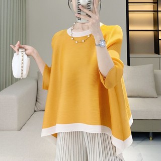 Miyake Áo Sơ Mi Xếp Ly Mùa Hè Cho Nữ, Phong Cách Mới, Size Lớn Cổ Tròn, Thun Tay Ngắn Rời