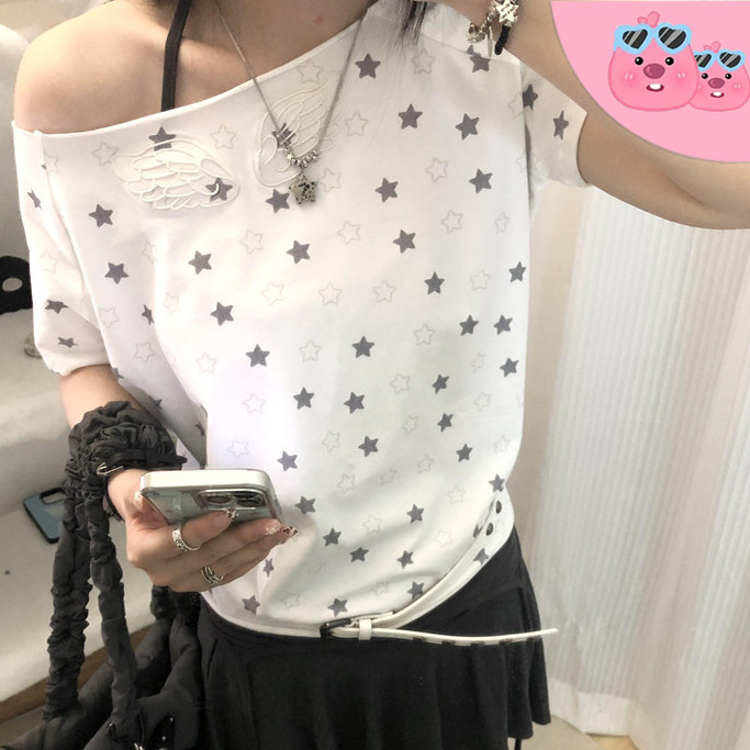 🎀bearbra🎀Mỹ Ngọt Ngào Ngôi Sao Thoáng Mát Full In Hình Rời Đeo Vai Không Dây Áo Thun Nữ Tay Ngắn