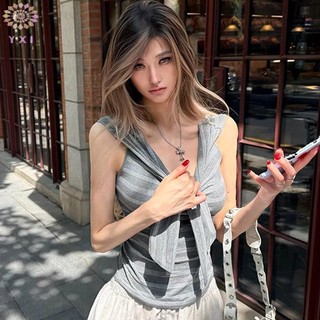 Áo thun sọc vai xoắn Y.X.I, áo vest cổ chữ V không tay dành cho nữ