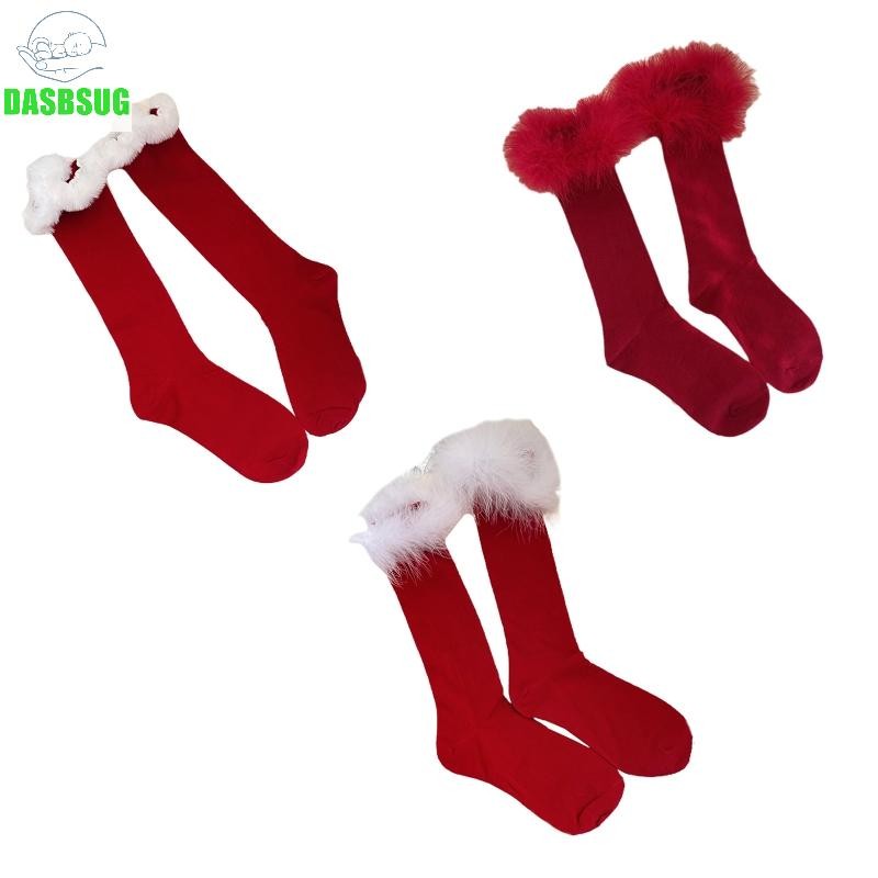 Dasbsug Nữ Giáng Sinh Năm Mới Kỳ Nghỉ Đầu Gối Đỏ Tất Với Lông Giả Lông Vũ Viền