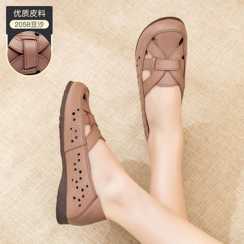 Bò Tendon Da Thật Chính Hãng Lỗ Đế Mềm Trung Niên Người Cao Tuổi Nữ Dép Rỗng Mẹ Mùa Hè Phẳng Thoải Mái Thoáng Khí 25.1.12
