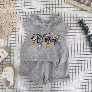 (1-12Y) Bộ đồ áo hoodie bé gái Quần áo bé gái Mới nhất Bộ đồ áo hoodie trẻ em in hình chuột Mickey không tay Trẻ em mùa hè Bộ quần áo sơ mi Singet
