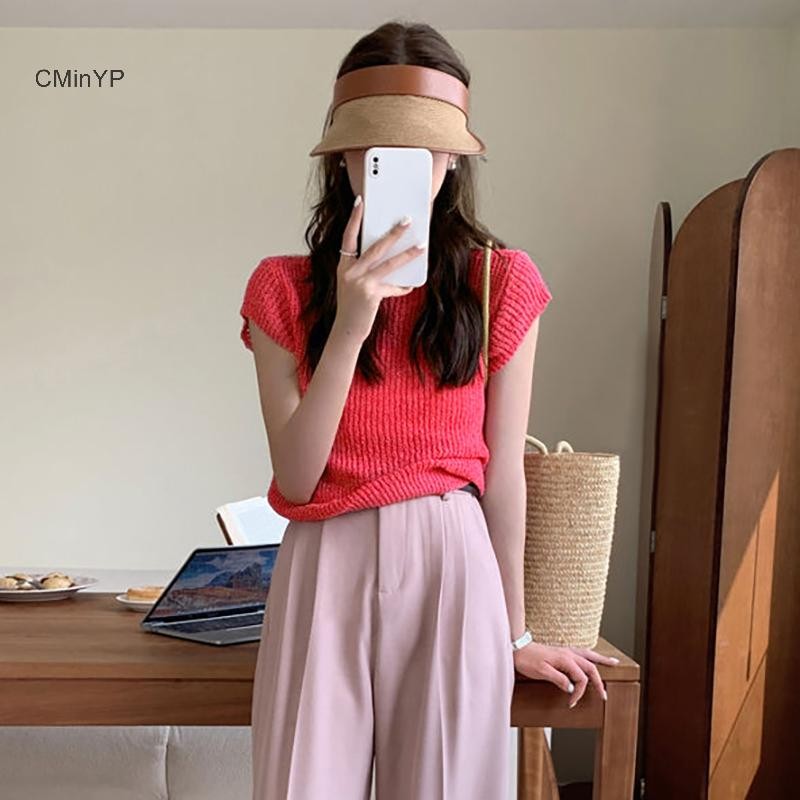 Cminyp Mùa Hè Màu Trơn Retro Dệt Kim Áo Thun Nữ Cổ Tròn Bay Tay Crop Top Glory