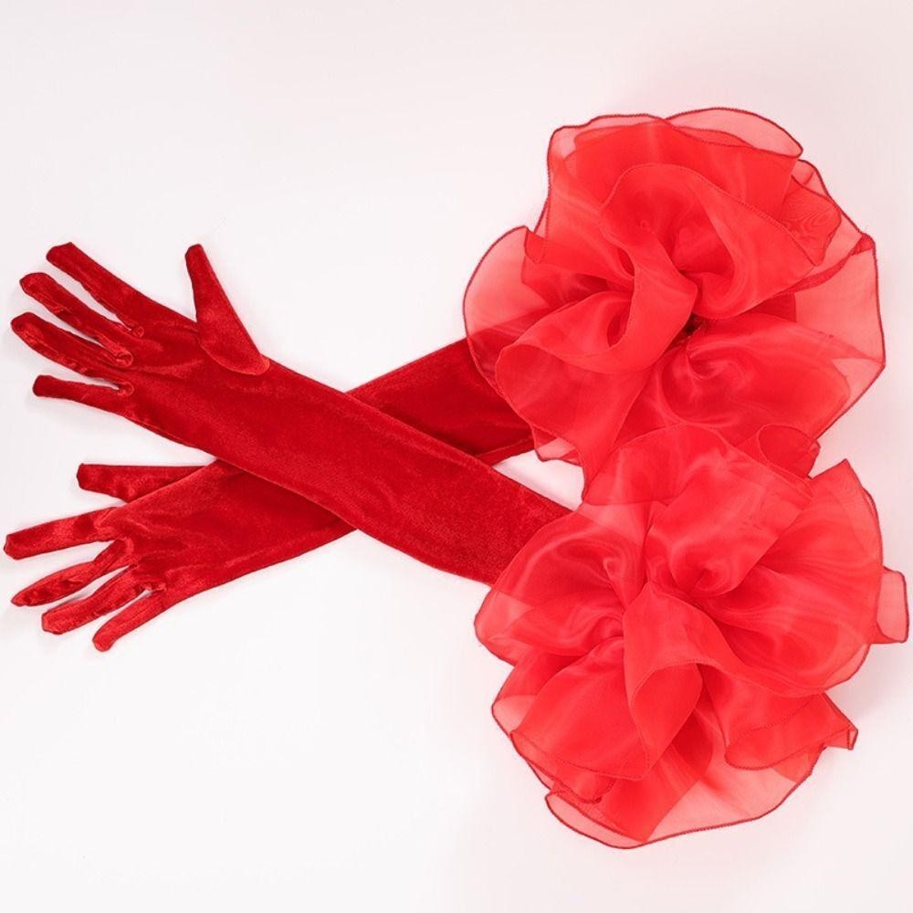 Găng tay cô dâu cưới dài hoa Organza nhung thanh lịch, co giãn, đầy đủ ngón tay, dự tiệc cưới