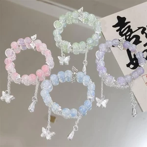Vòng tay và mặt dây chuyền hình con bướm pha lê màu, phong cách Hàn Quốc, phù hợp cho bé gái học sinh - Quà tặng ý nghĩa