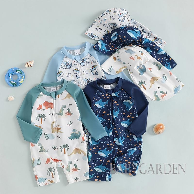 / / -6Month-4 Tuổi Đồ bơi bảo vệ phát ban cho bé trai có mũ Khủng Long / Cá mập Bộ đồ tắm có khóa kéo dài tay in hình cá mập
