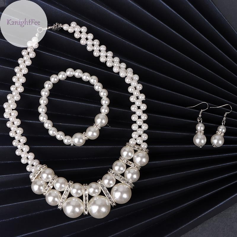K2nightfee Thời Trang Vintage Nữ Cô Dâu Cưới Bộ Trang Sức Kim Cương Giả Ngọc Trai Vòng Cổ Vòng Tay Bông Tai Tiệc Cưới Trang Sức Quà Tặng VN
