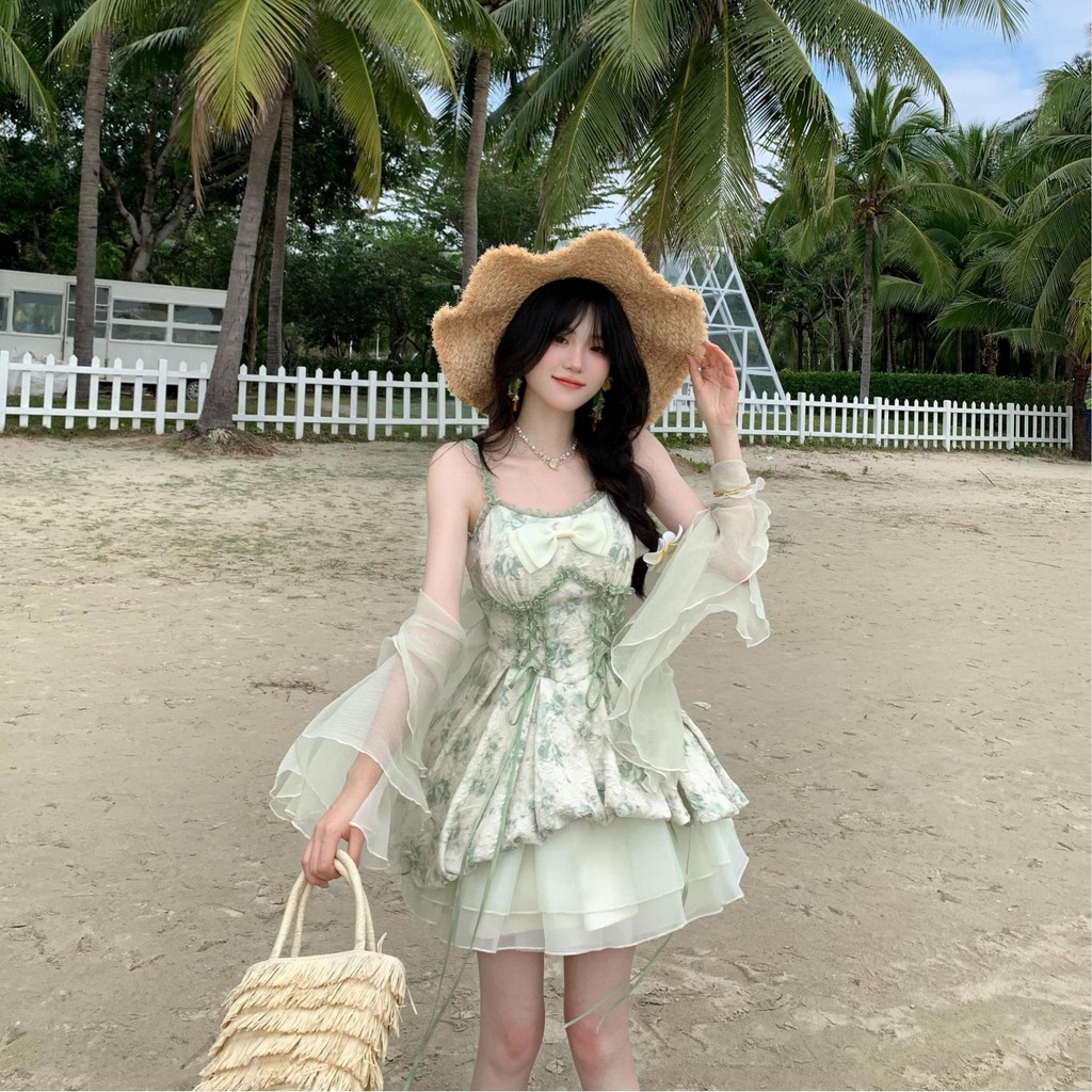 [YU]Set váy hai dây công chúa phối áo khoác mỏng, phong cách yêu tinh rừng, dịu dàng bay bổng.