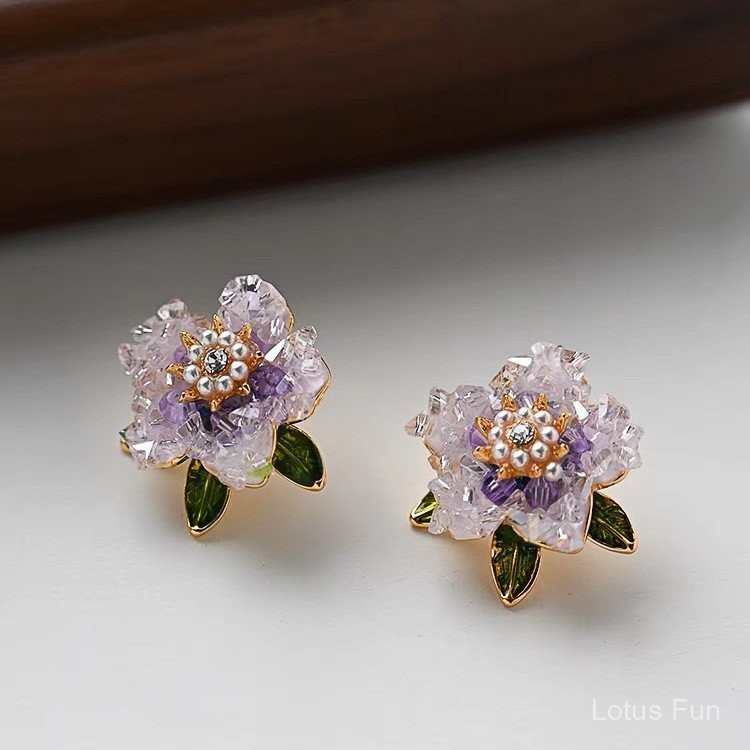 Pháp Vintage ánh sáng màu tím pha lê bông tai stud 925 bạc kim cho phụ nữ nhỏ thiết kế cá tính nhẹ sang trọng ngọt ngào tươi mát tinh tế hoa tai stud