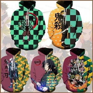 Siy7 Anime Demon Slayer Áo Hoodie dài tay Áo dáng rộng thường ngày Tanjirou Giyuu Kimetsu no Yaiba Áo Hoodie