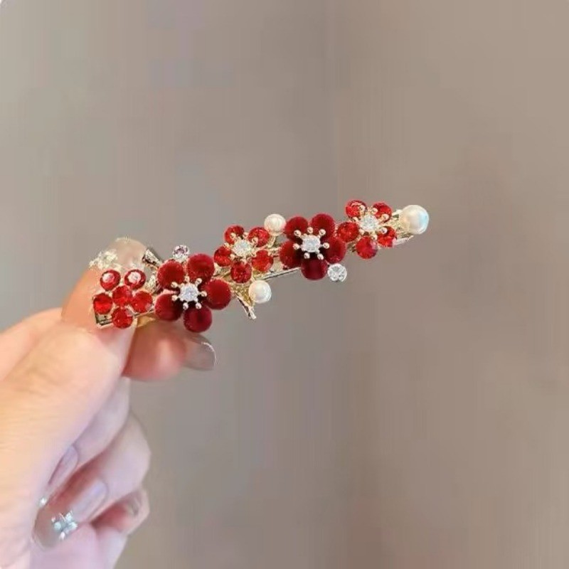 MAUROPOLI Kẹp tóc hoa đỏ cổ điển sang trọng, nửa mảnh, hoa hồng, kẹp đuôi ngựa bên hông nữ